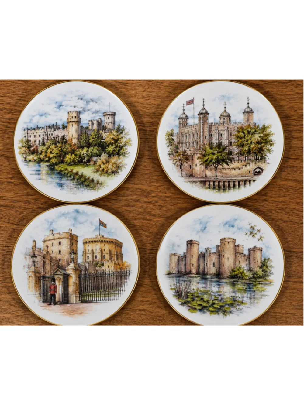 VTG Gloria Bayreuth Old English Castle Plates England Set 4 Germany 24K Gold